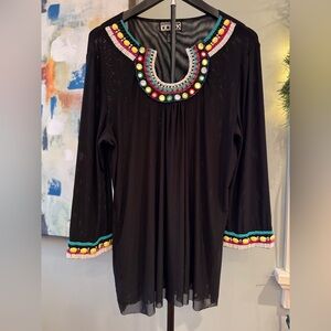 BERER 2 colorful beaded and jeweled scoop collar black tunic boho size Large VTG